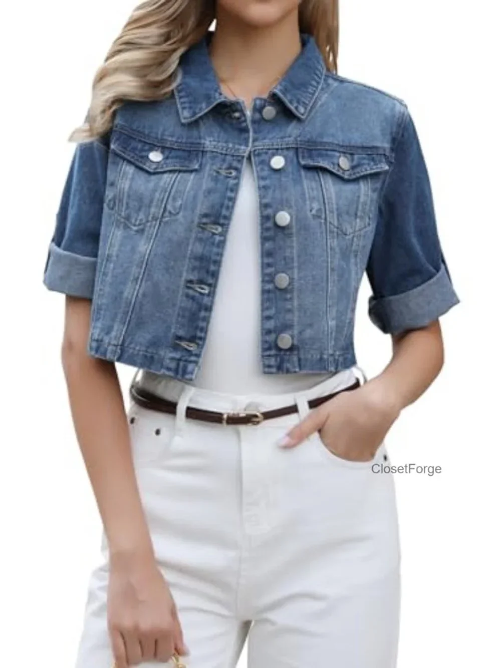 Cropped Denim Jacket with Rolled Sleeves Button Down 3/4 Sleeve